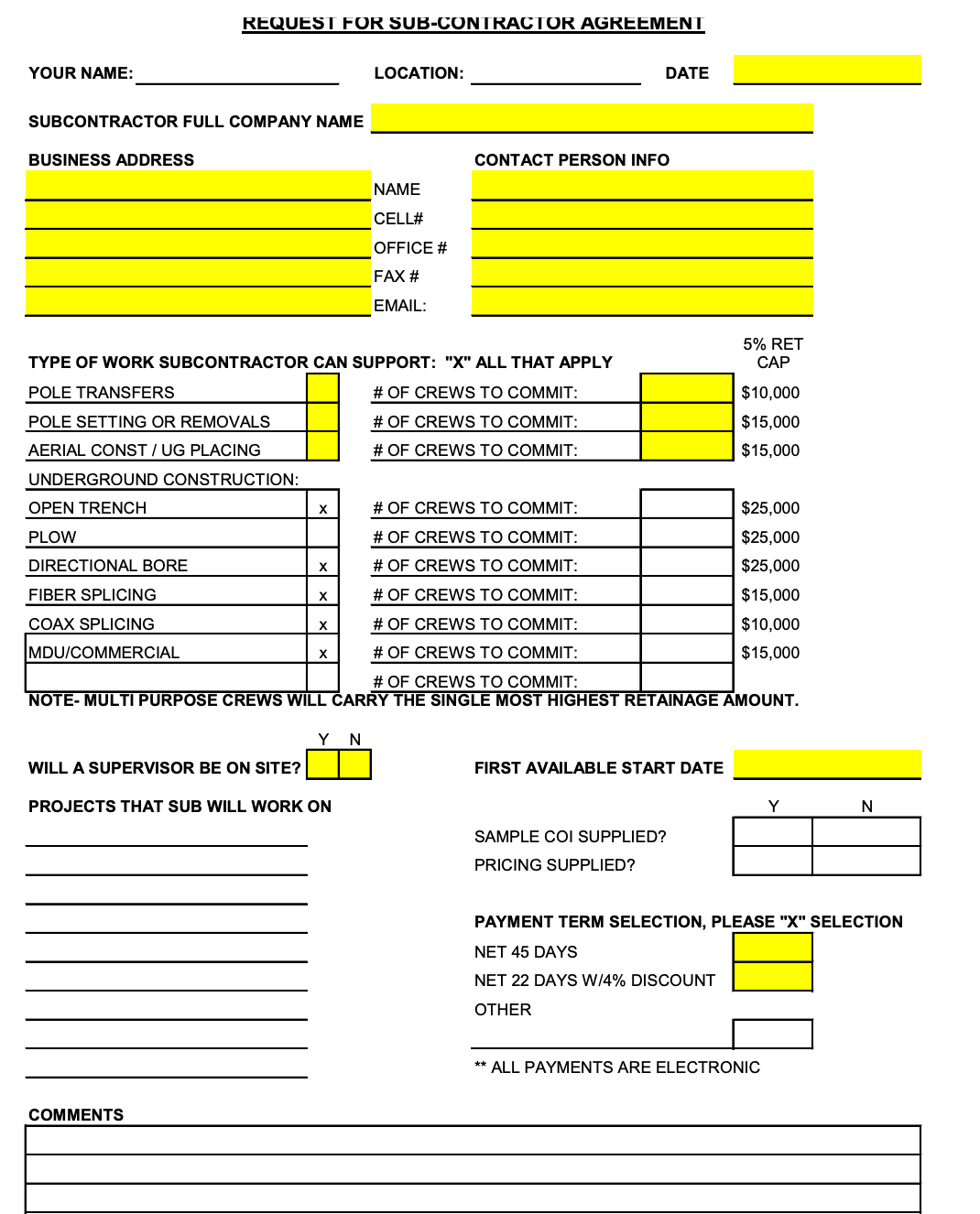 Request for Subcontractor Agreement (RFSA)